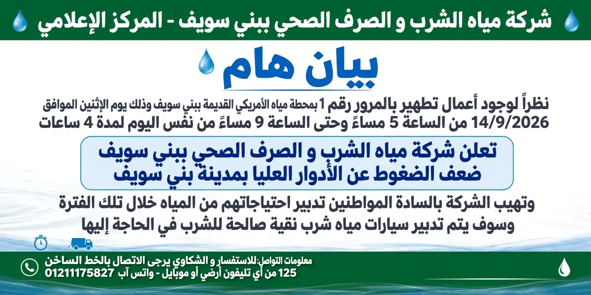 غداً.. ضعف المياه عن الأدوار العليا بمدينة بني سويف لمدة 4 ساعات لأعمال الصيانة