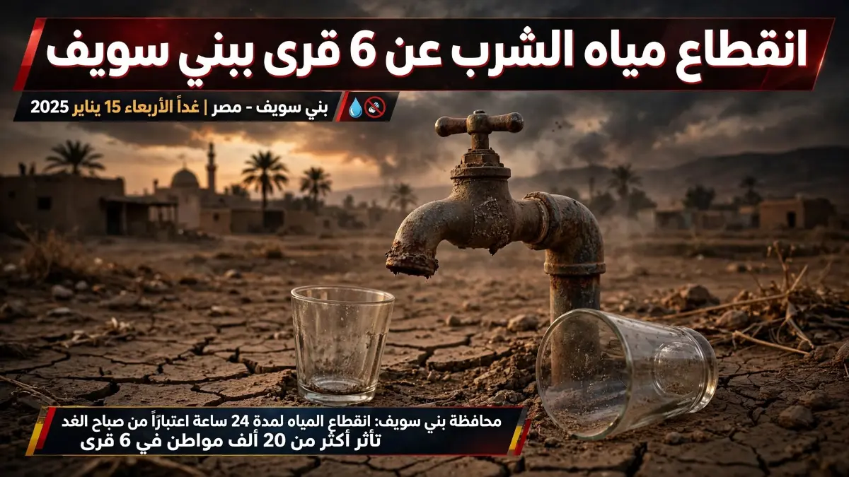 تنويه عاجل من شركة مياه بني سويف.. قطع المياه عن قرى إسكندر وأبو رمح والعاقولة لأعمال ربط خطوط الطرد الجديدة